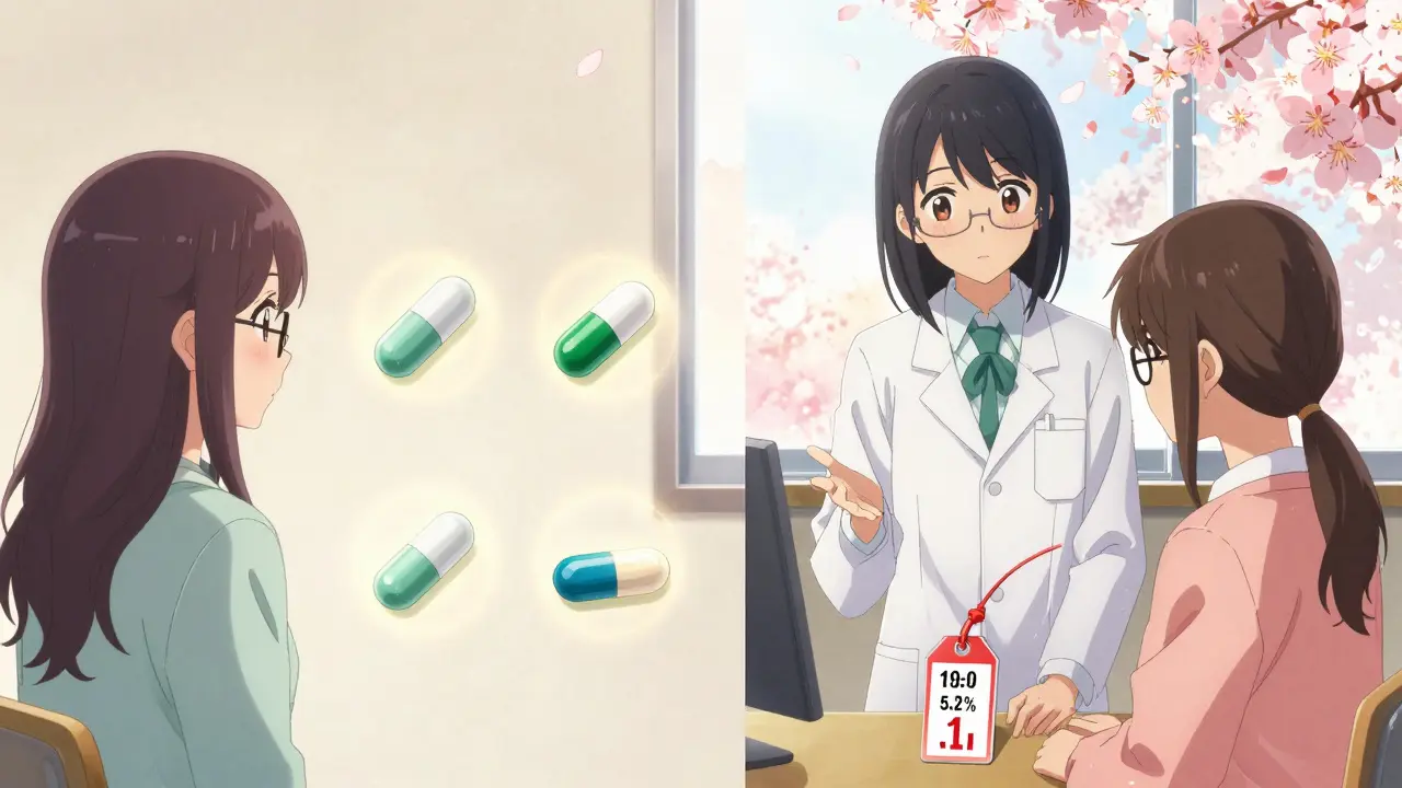 Un pharmacien montre à une patiente que deux pilules identiques ont des prix différents, avec des éléments visuels lumineux.