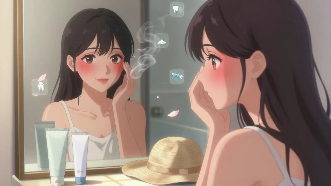 Une femme regardant son reflet dans un miroir, sa peau apaisée, avec trois produits simples et un chapeau, lumière douce et espoir dans l'air.