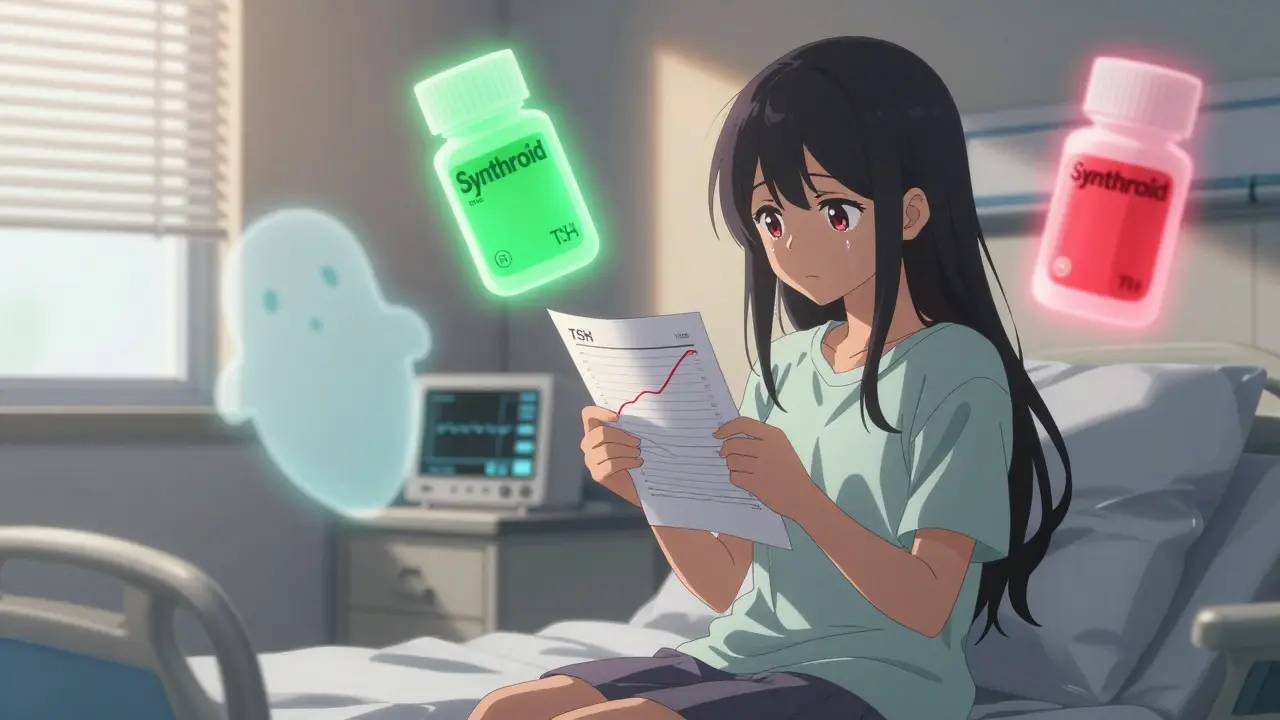 Une jeune fille dans une chambre d'hôpital tient un résultat de sang avec une courbe TSH instable, deux formes de pilule flottent au-dessus d'elle.