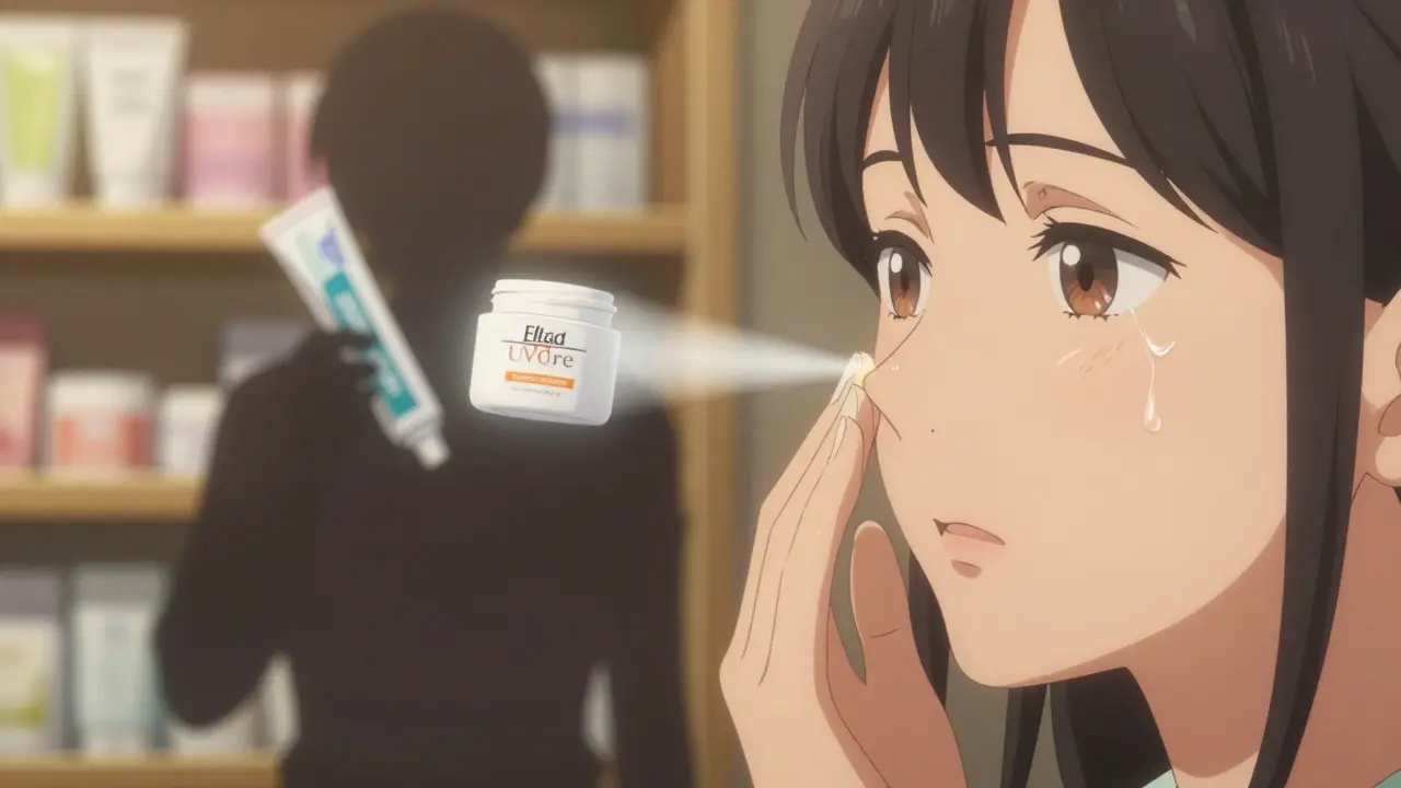 Une main appliquant un écran solaire léger, tandis que des produits nocifs disparaissent en lumière blanche, visage calme et déterminé.