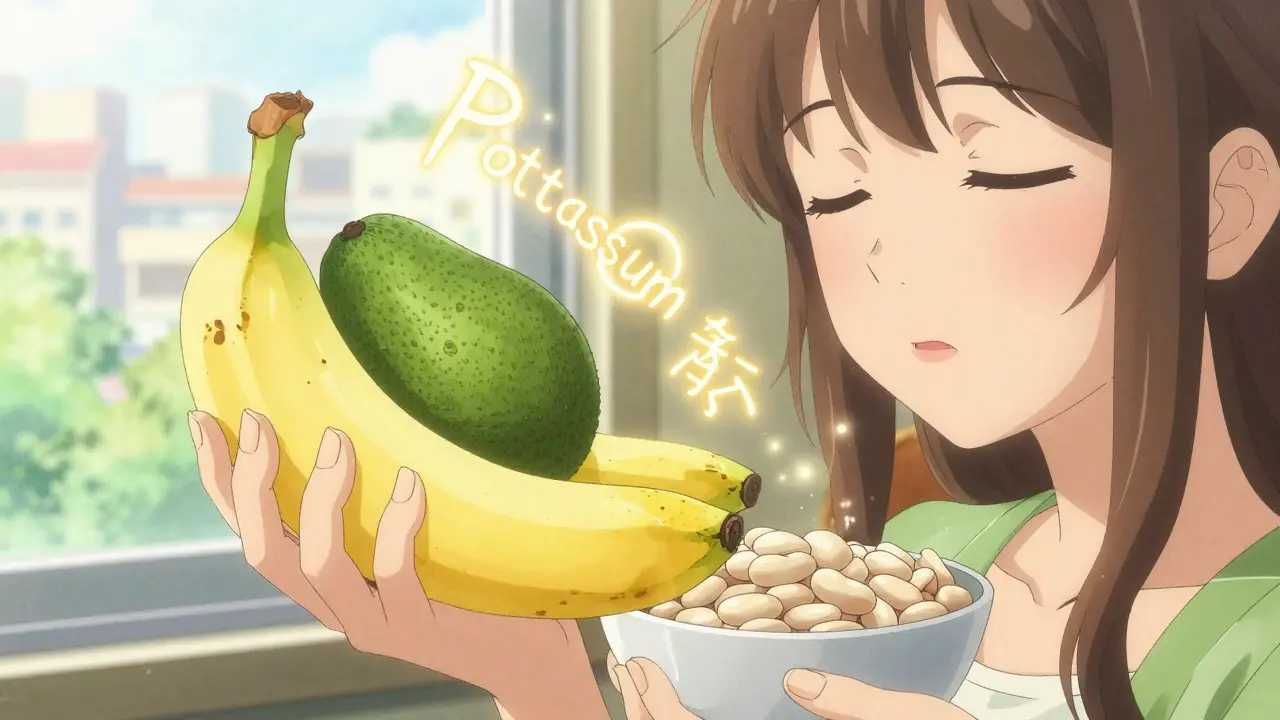 Une main tenant une banane, un avocat et des haricots blancs, entourés d'une lueur dorée représentant le potassium et l'équilibre.