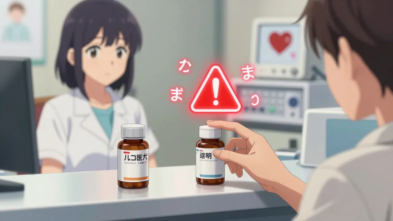 Une patiente hésite à prendre une boîte de médicament générique, un avertissement lumineux flotte au-dessus, un pharmacien derrière le comptoir.