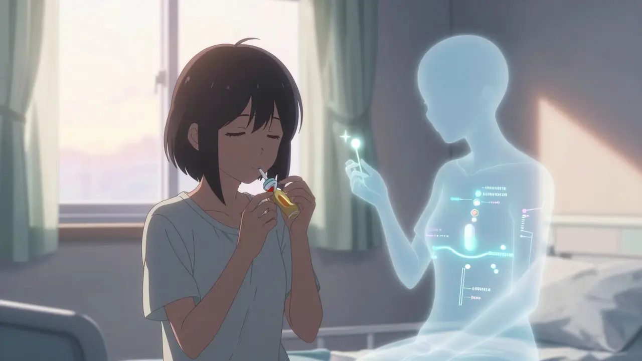 Une patiente prend de la rifampicine au lever du jour, des versions fantômes de ses traitements interagissent autour d'elle.