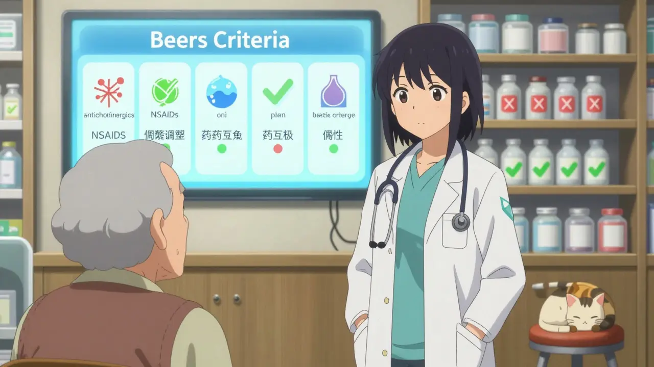 Une pharmacienne aide un senior dans une pharmacie, une écran affiche les critères de Beers avec des icônes animées.