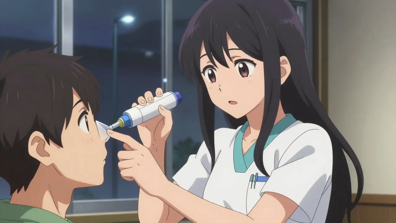 Administrer un spray nasal secouriste à une personne assise en style manga dynamique.