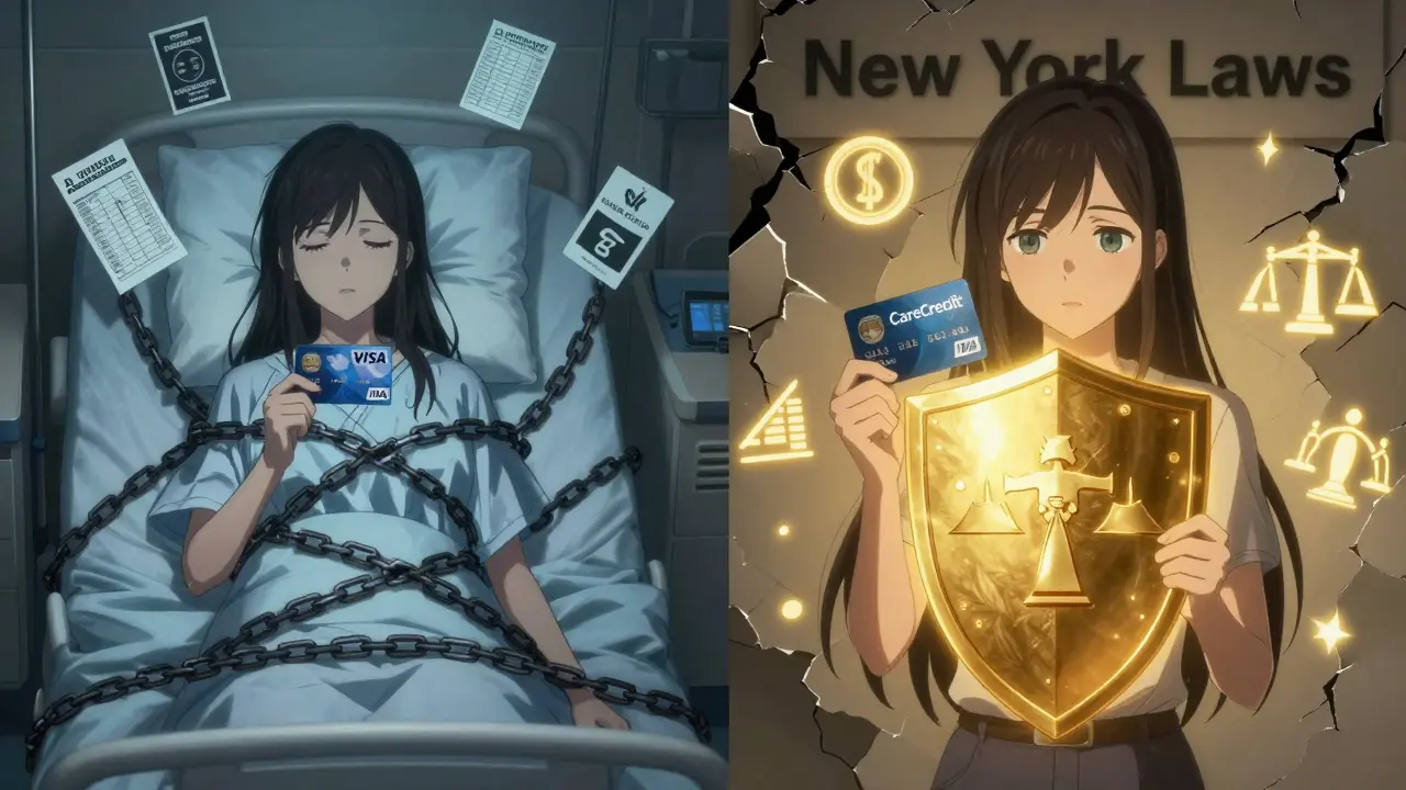 Contraste visuel entre une dette médicale risquée avec une carte bancaire et une protection avec un financement médical.