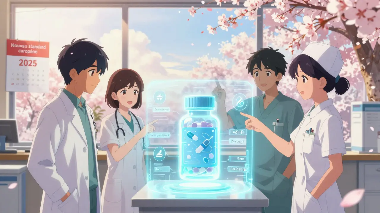 Équipe médicale collaborant autour d'un dossier médical holographique avec des étiquettes de médicament flottantes.