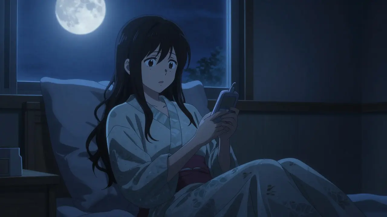 Femme au lit inquiet vérifiant un dispositif médical la nuit