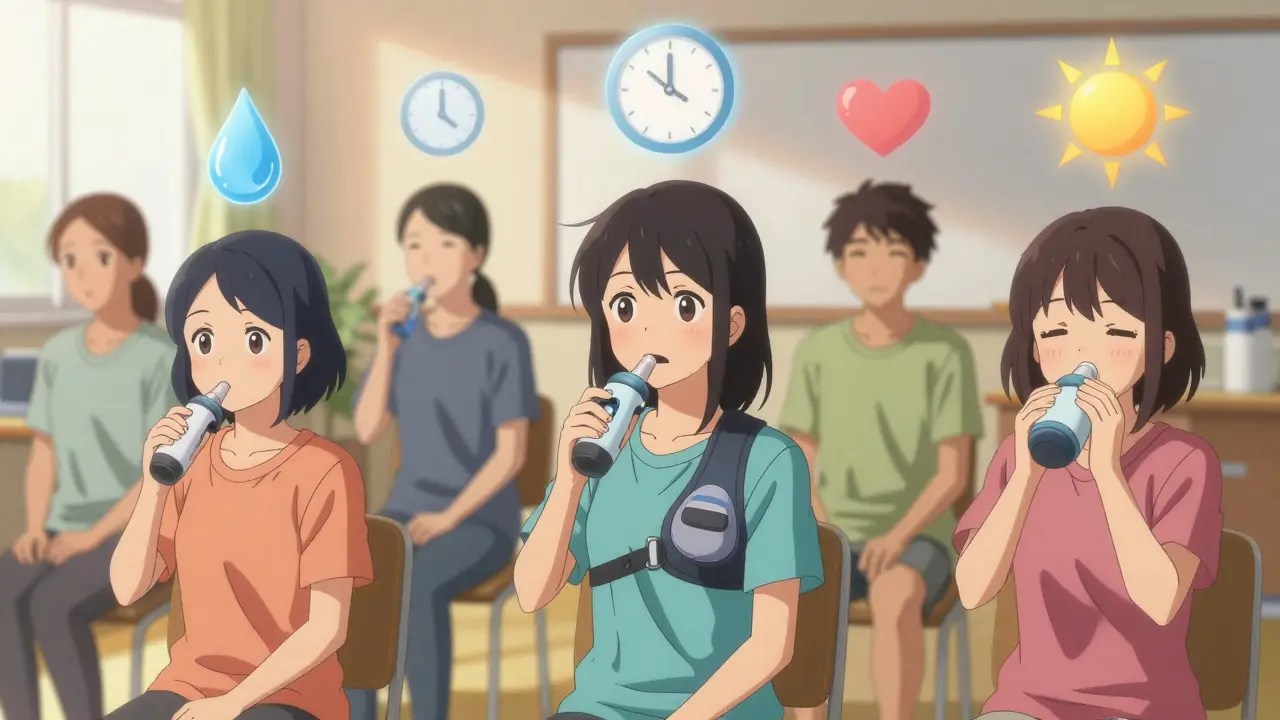 Groupe de patients utilisant différents dispositifs pour drainer le mucus, dans une pièce lumineuse, symboles de santé flottant au-dessus d'eux.