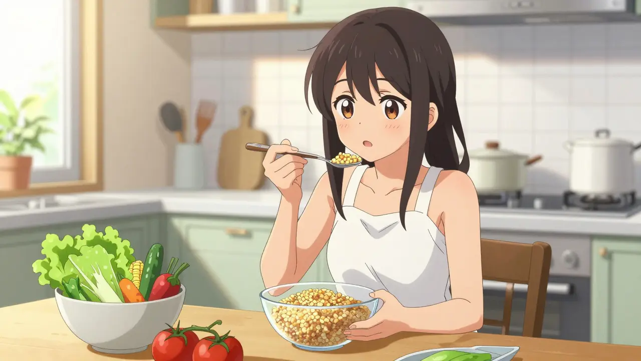 Jeune femme préparant un repas sain dans une cuisine lumineuse