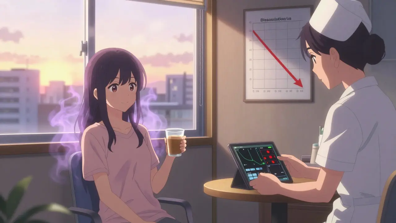 La patiente apaisée après le traitement, souriante, entourée de signes vitaux normalisés et de lumière douce, symbole de rétablissement.