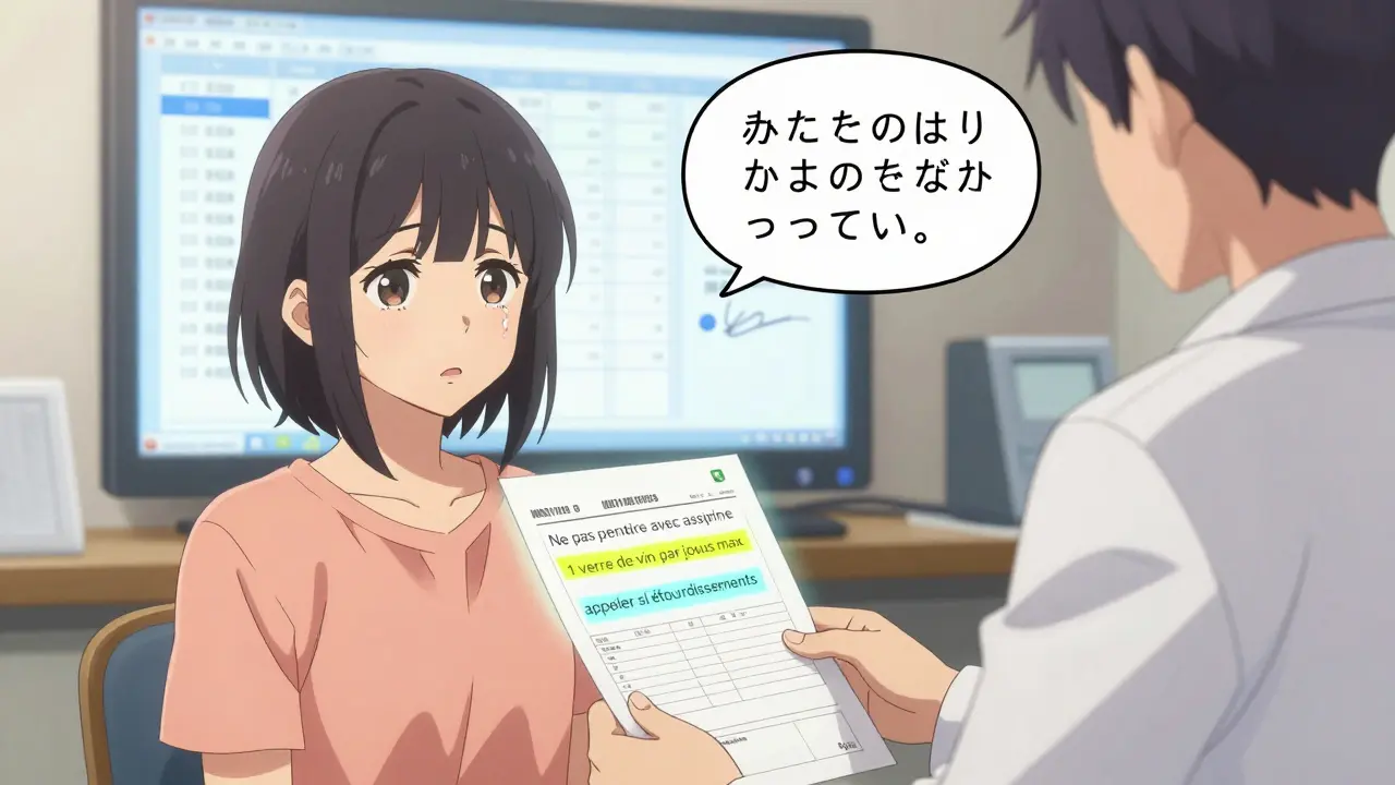 Patient recevant une fiche médicamenteuse explicative d'un pharmacien, émotionnellement touché par les instructions.