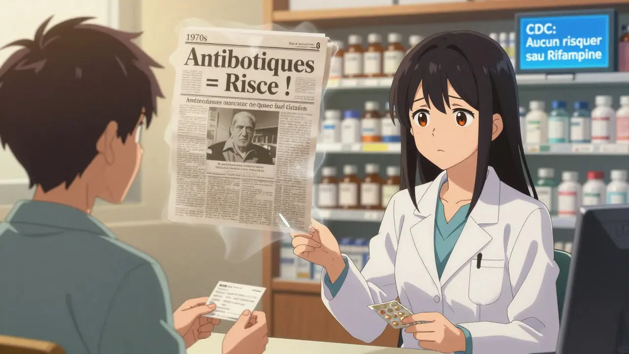 Pharmacien offrant une ordonnance tandis qu'une vieille croyance disparaît au profit d'informations médicales modernes.