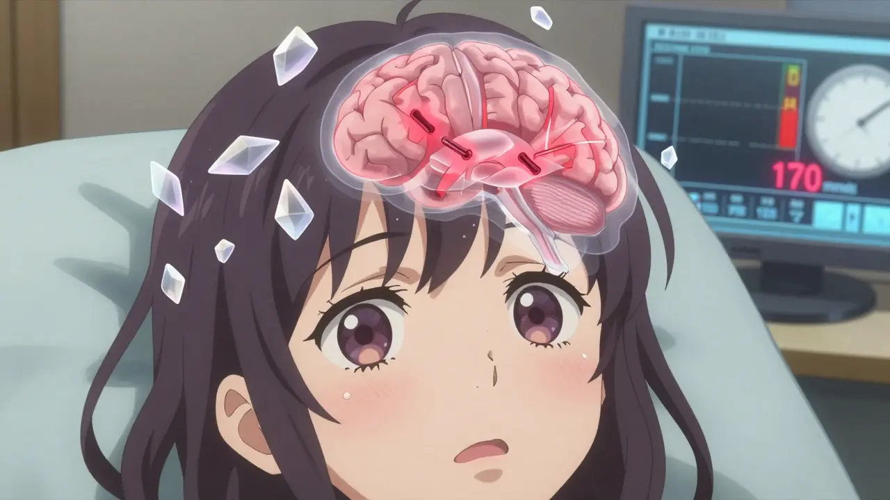 Plan rapproché d'une patiente en traitement par esketamine, avec des schémas neuronaux flottants et une pression artérielle élevée en affichage numérique.