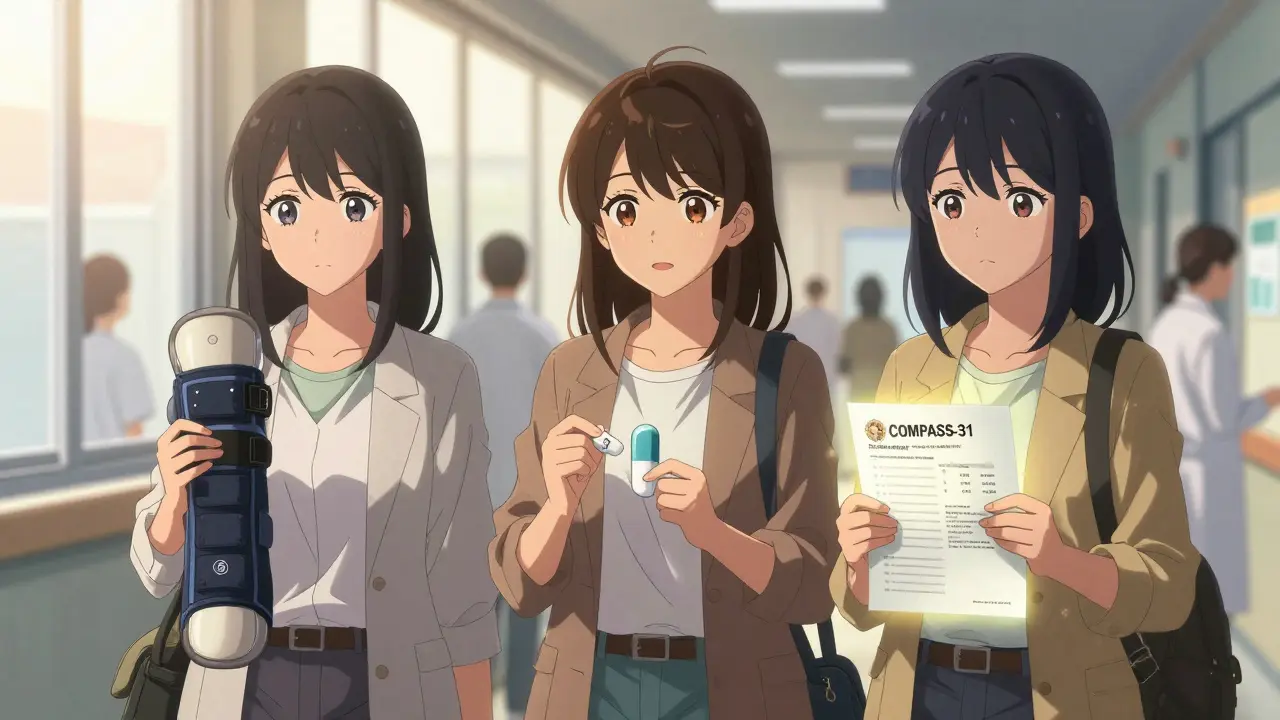 Trois jeunes femmes dans un hôpital, tenant des outils de diagnostic pour la neuropathie autonome.