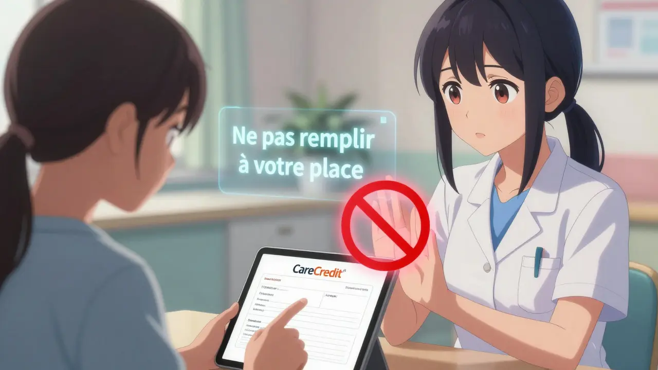 Un employé médical observe une patiente qui remplit elle-même un formulaire de financement, sans l'aider.