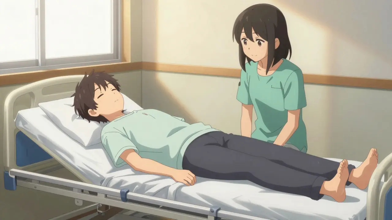 Un patient dort en position latérale surveillé par une amie au lever du jour.