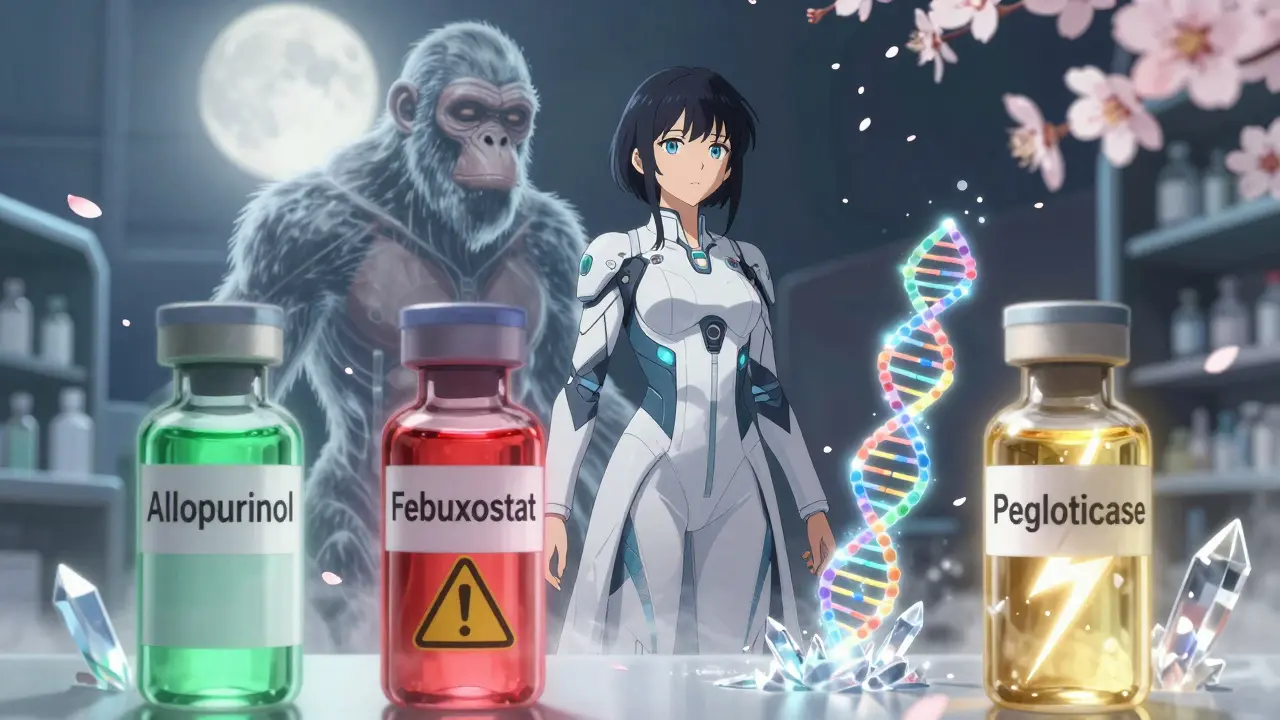 Une jeune femme devant trois vials de médicaments contre la goutte, avec une silhouette ancestrale derrière elle, symbolisant la perte de l'enzyme uricase.