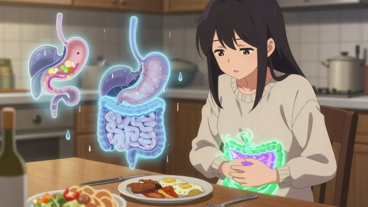 Une jeune fille au repas, avec des ondes de dysfonction digestive émanant de son ventre.