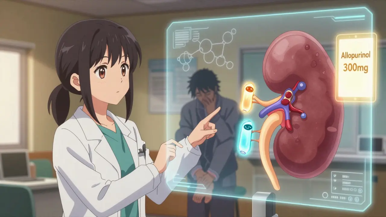 Une médecin en blouse pointant vers un rein holographique avec des transporteurs URAT1 et GLUT9, illustrant la réabsorption de l'urate.