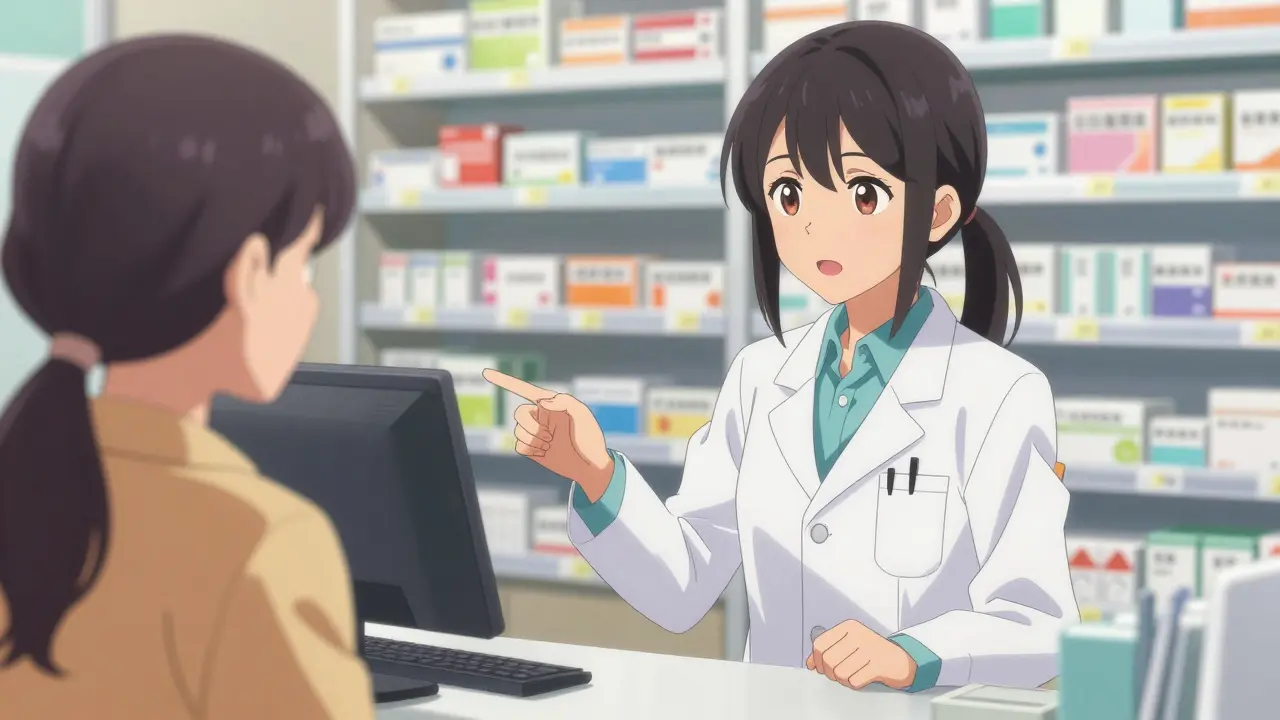 Une pharmacienne anime expliquant des règles à un patient en pharmacie.