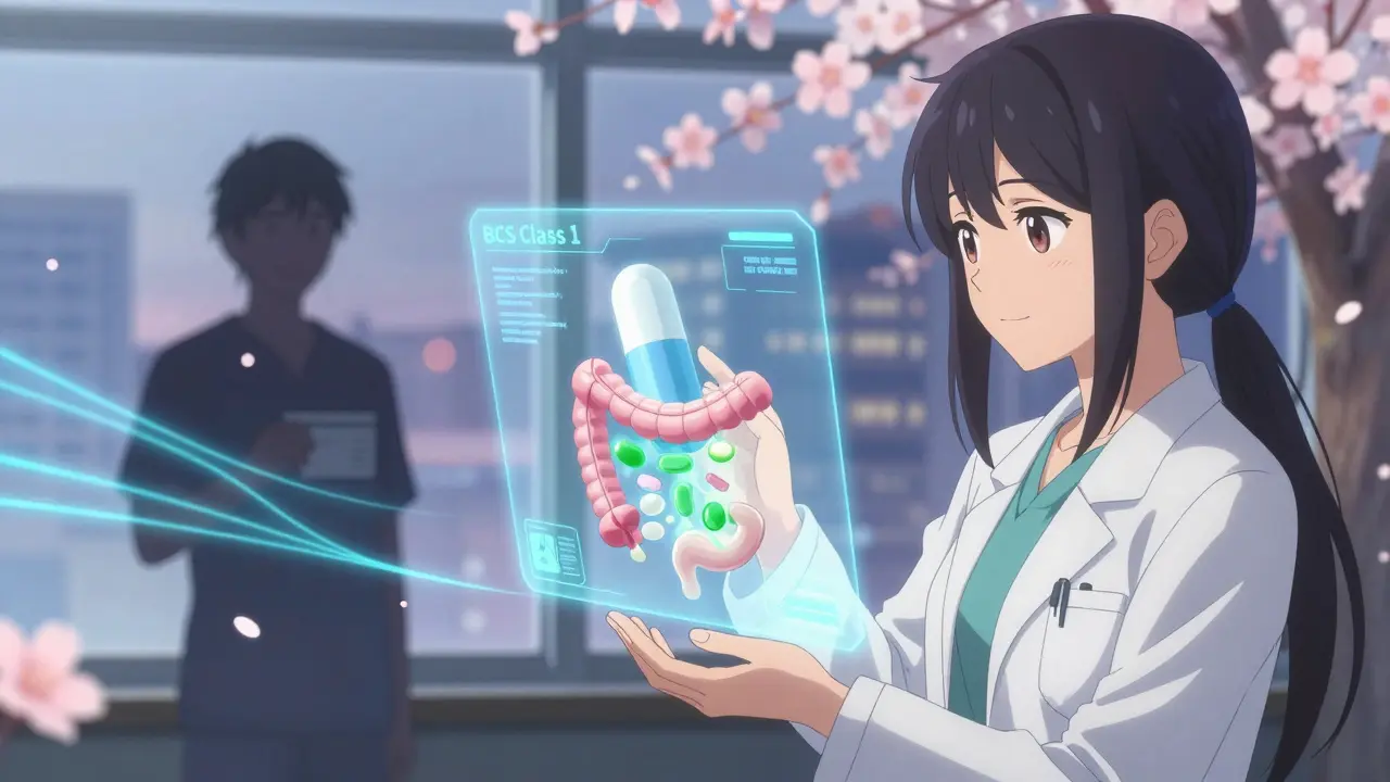 Une pharmacienne observant un modèle AI 3D de dissolution de comprimé, avec des molécules de classe BCS 1 flottant en l'air.