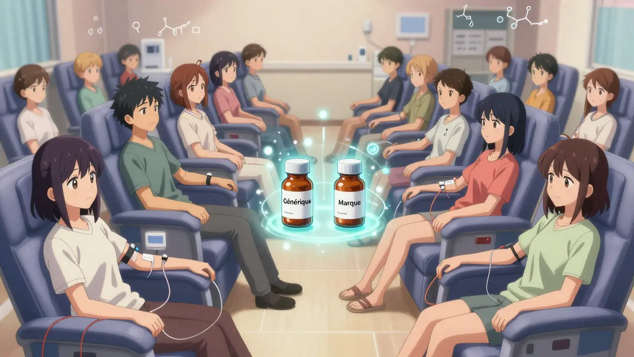 Vingt-quatre volontaires en essai clinique, entourés de symboles de bioéquivalence, dans un environnement lumineux et apaisant.