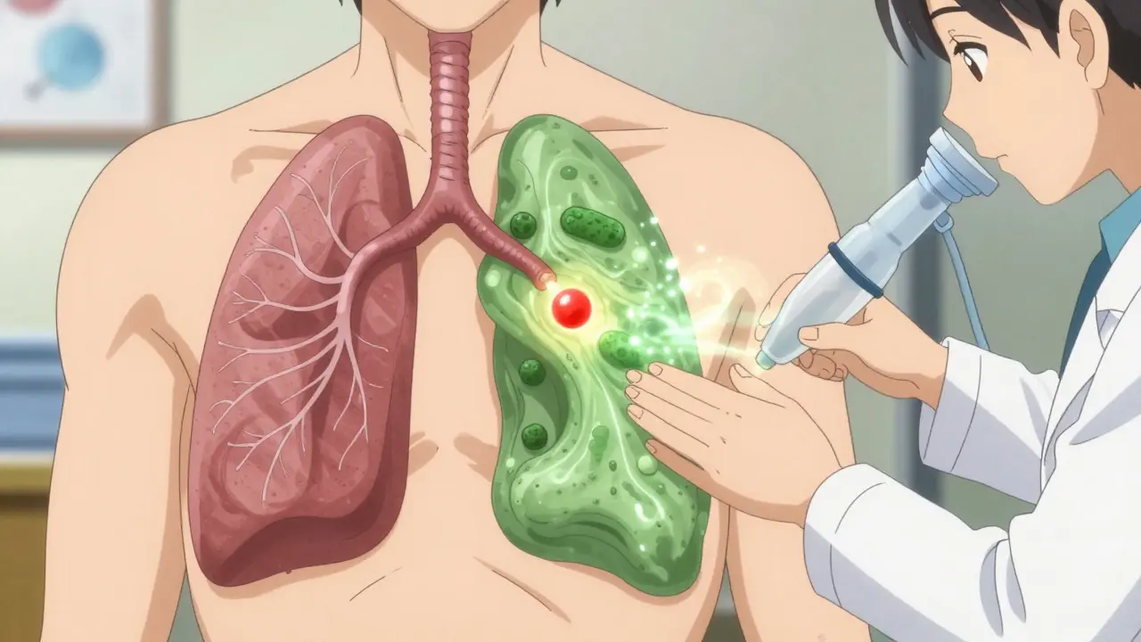 Visualisation médicale des bronches dilatées remplies de mucus vert, contrastées avec des voies saines, entourées de molécules d'antibiotiques.
