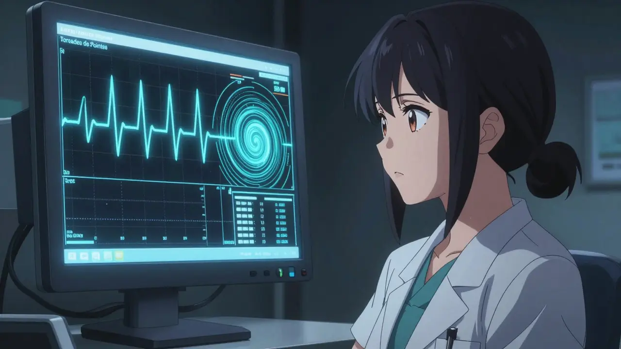 Cardiologue style anime observant un ECG montrant des torsades de pointes sur un écran.