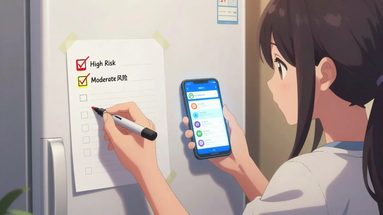 Comparaison entre une liste de santé sur un réfrigérateur et une application mobile.