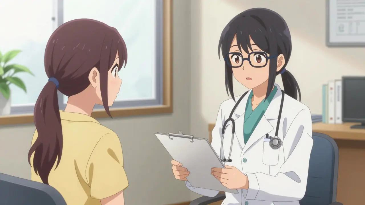 Consultation médicale bienveillante entre une femme et son médecin en style anime.