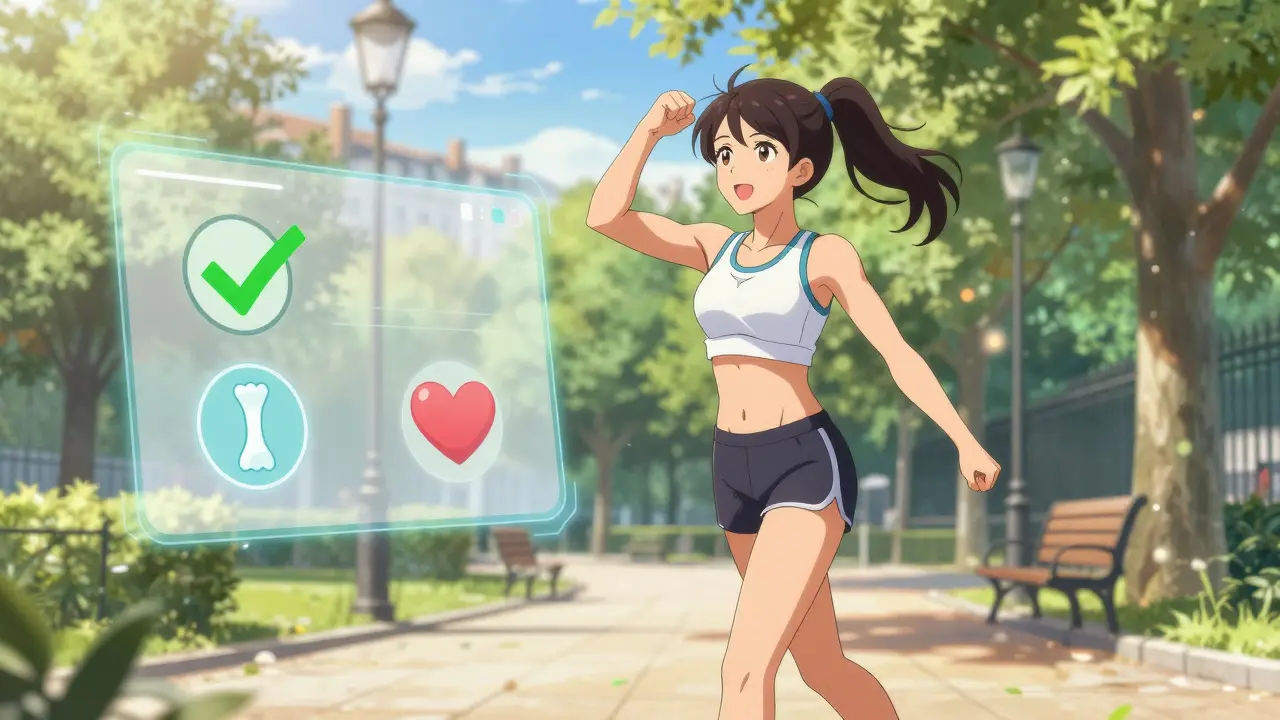 Femme active et en bonne santé avec une interface médicale indiquant un risque osseux faible.