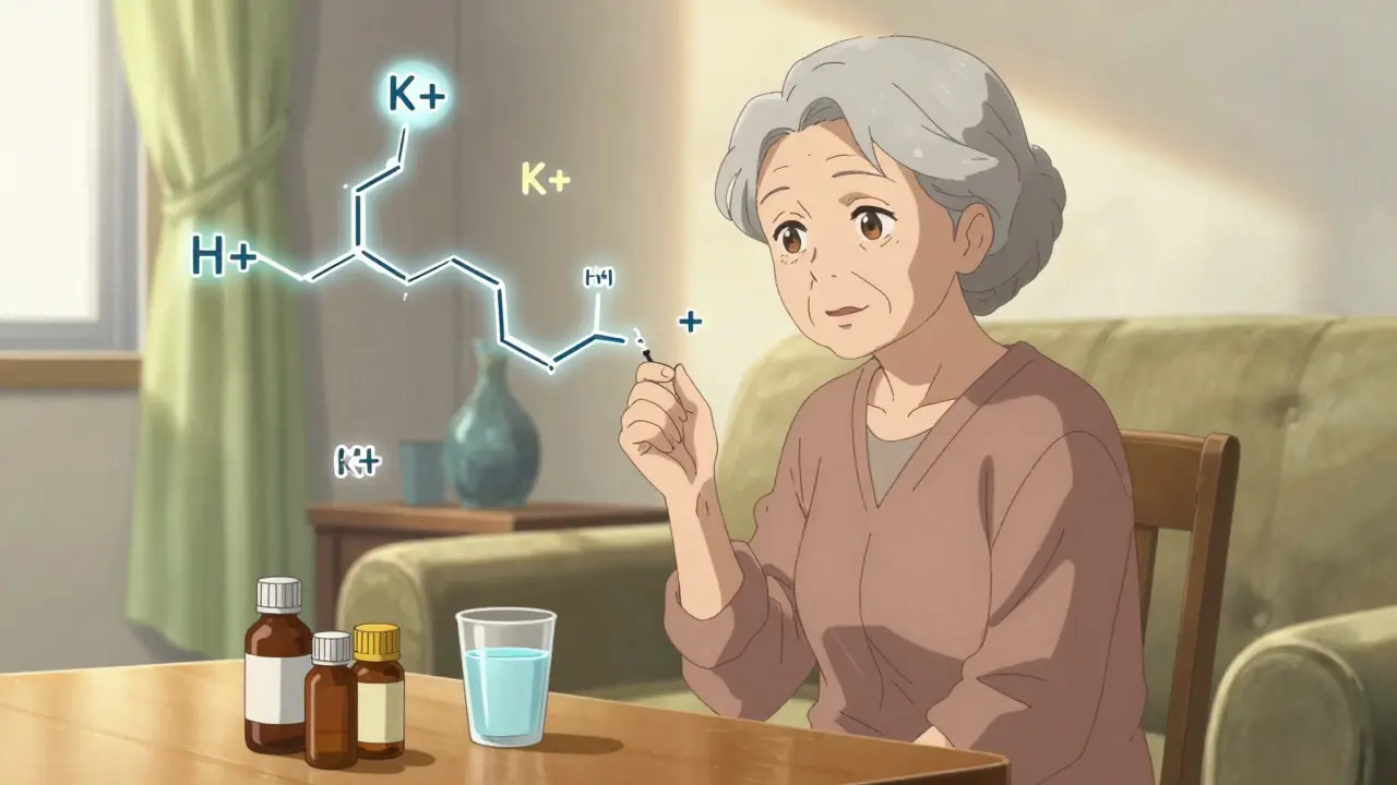 Femme âgée avec des médicaments et des symboles chimiques de macrolides et de potassium.