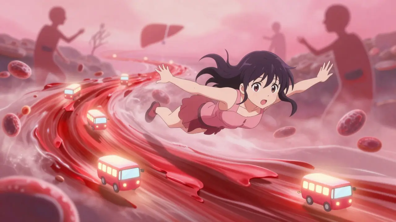 Fille au style manga flottant dans un flot sanguin coloré avec des protéines transporteuses.