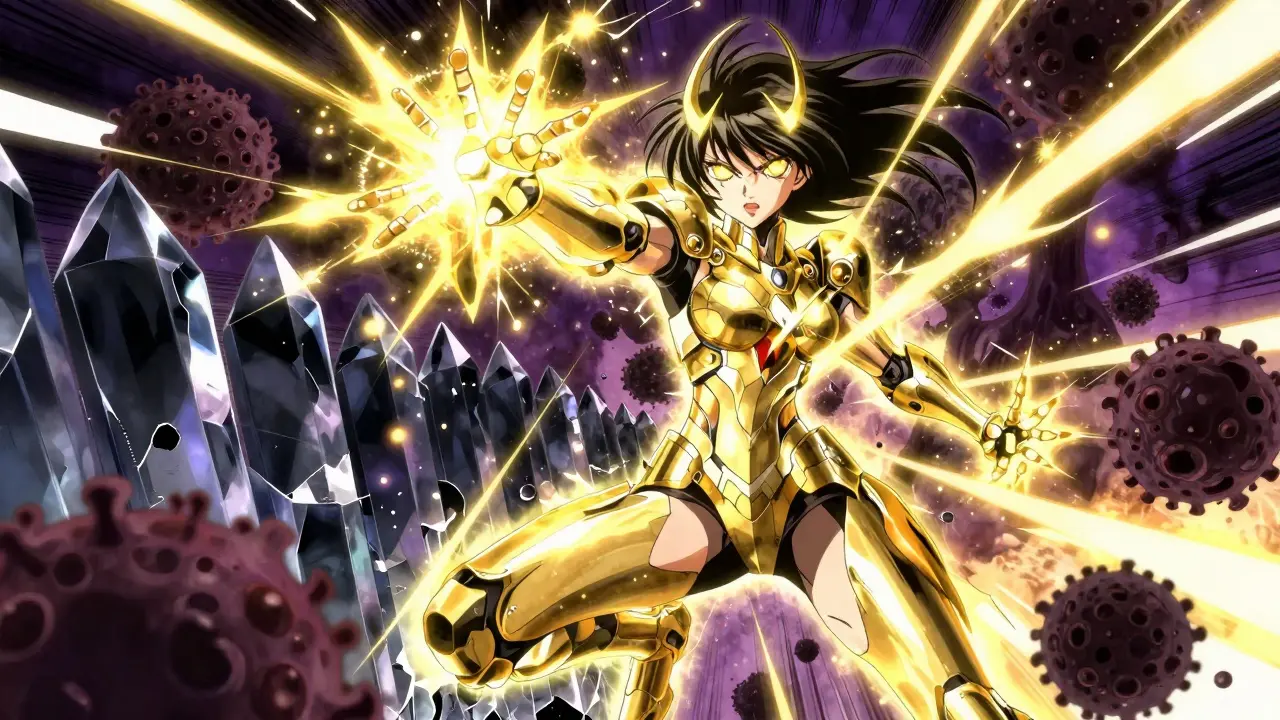 Guerrière immune en style anime détruisant une barrière tumorale avec une aura dorée.