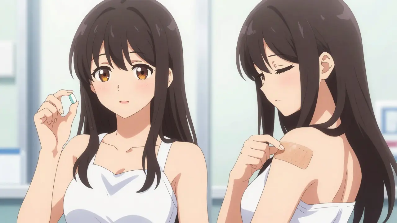 Illustration anime montrant la différence entre un comprimé et un patch hormonal.