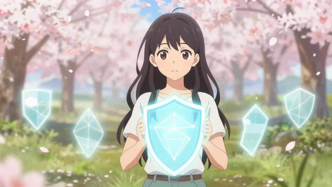 Jeune femme confiante devant des formes lumineuses abstraites représentant la sécurité thérapeutique.