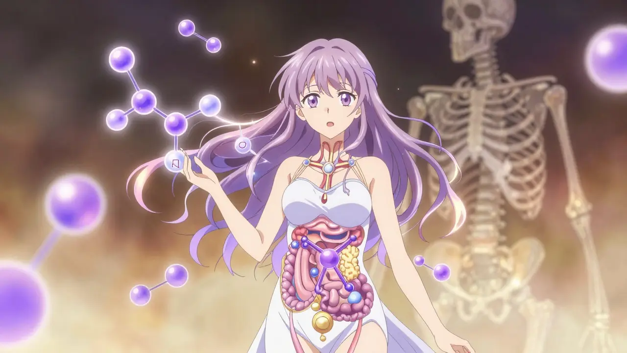 Jeune femme entourée de molécules de phosphate et d'estradiol stylisées.