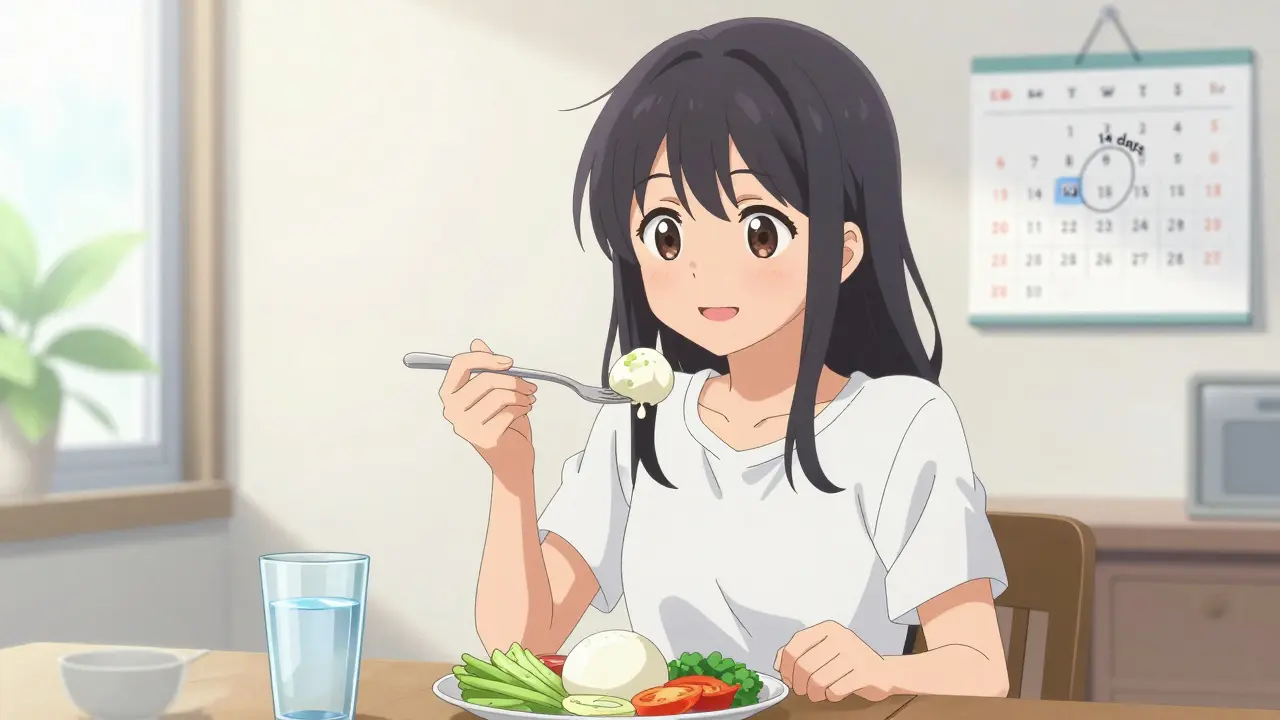 Jeune femme mangeant des aliments frais après son traitement, style anime.