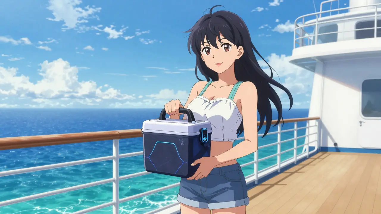 Jeune femme sur un pont de croisière tenant un étui isotherme protecteur pour insuline.