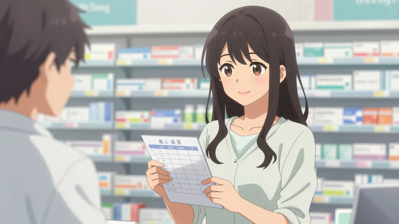 Jeune femme validant sa liste d'interactions alimentaires avec un pharmacien.