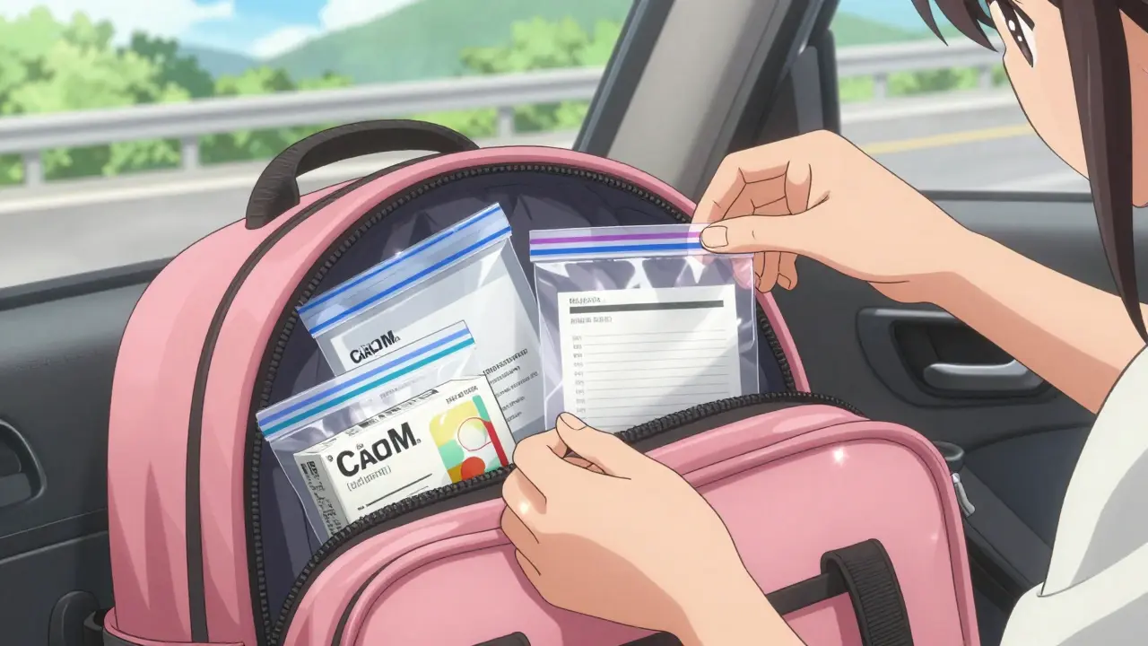 Mains d'une jeune femme rangeant des médicaments dans des sacs Ziploc dans un sac à dos.