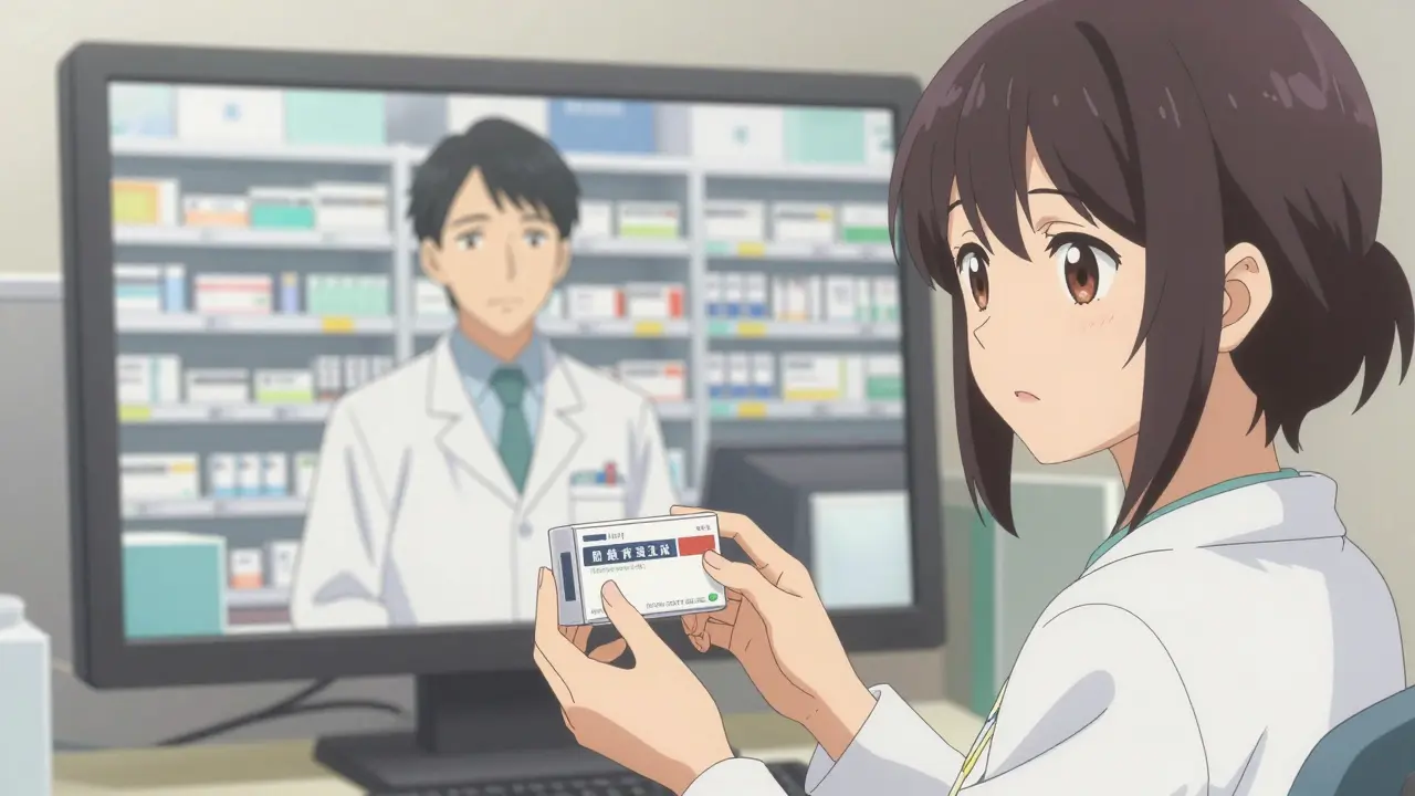 Patient showing a medicine box to a pharmacist during a video call.