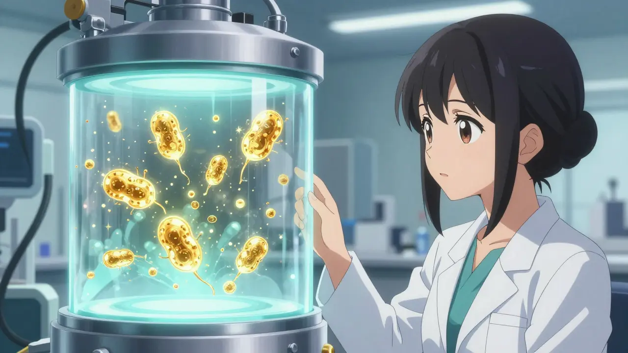 Scientifique anime observant la création de cellules CAR-T dans un bioréacteur lumineux.