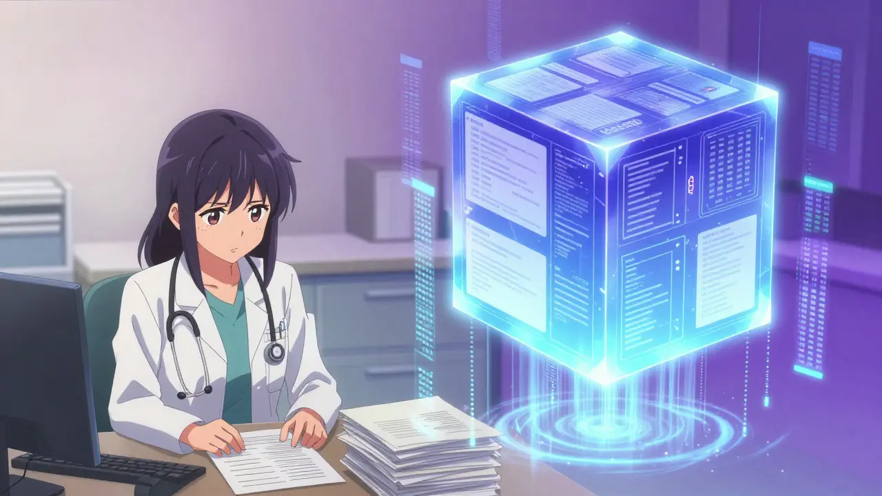 Une femme médecin stressée et le flux de données numériques vers la base de données FAERS.