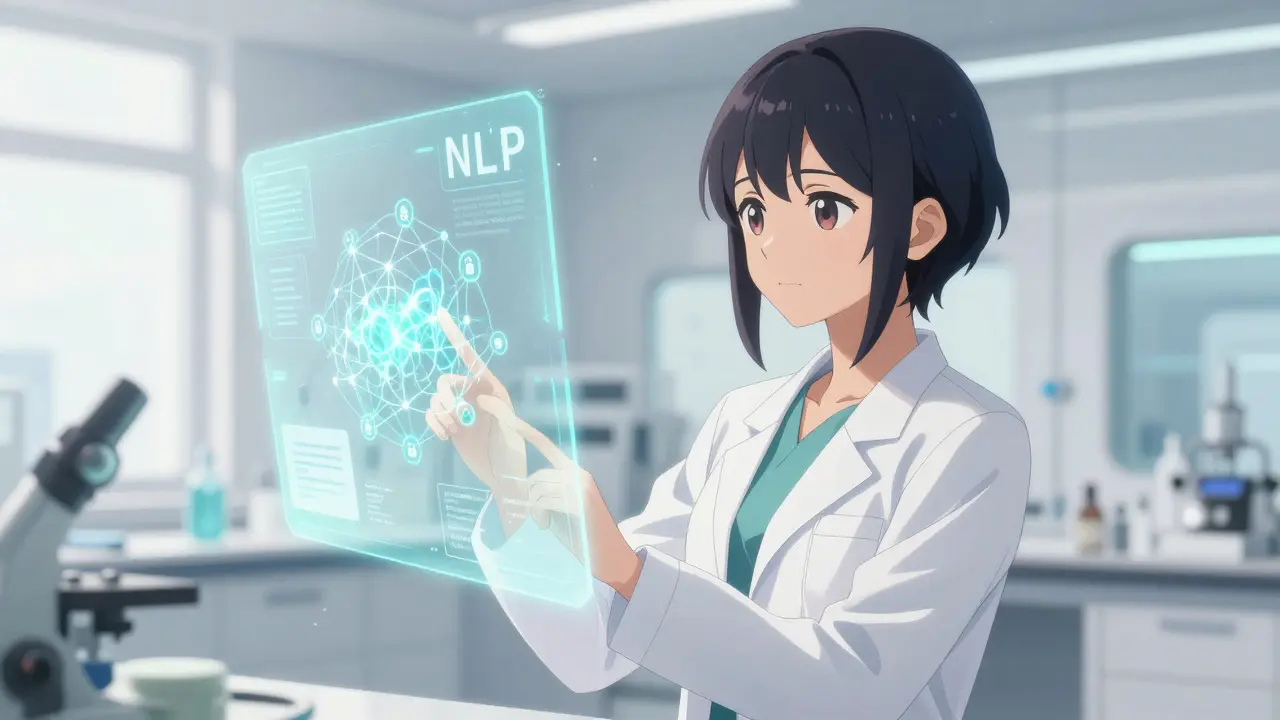 Une scientifique interagissant avec une IA et la blockchain pour l'avenir de la surveillance médicale.