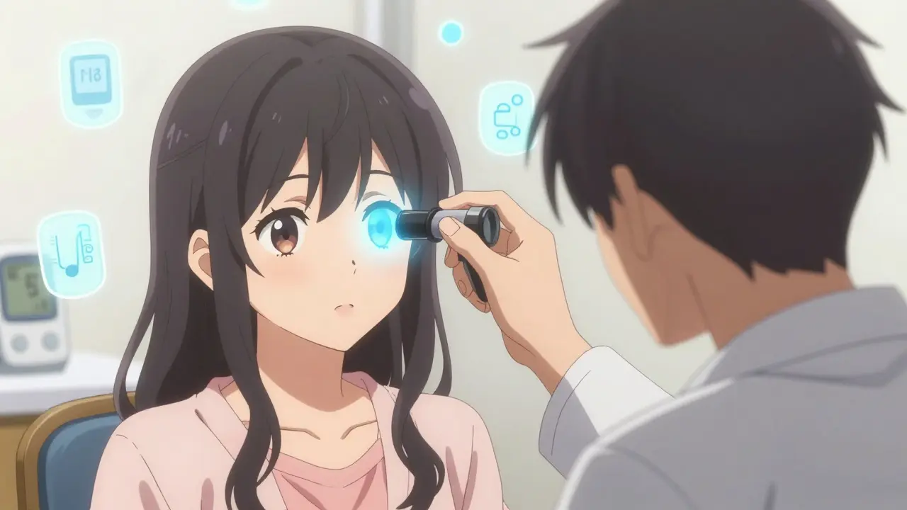 Examen oculaire détaillé d'une femme dans un style manga médical