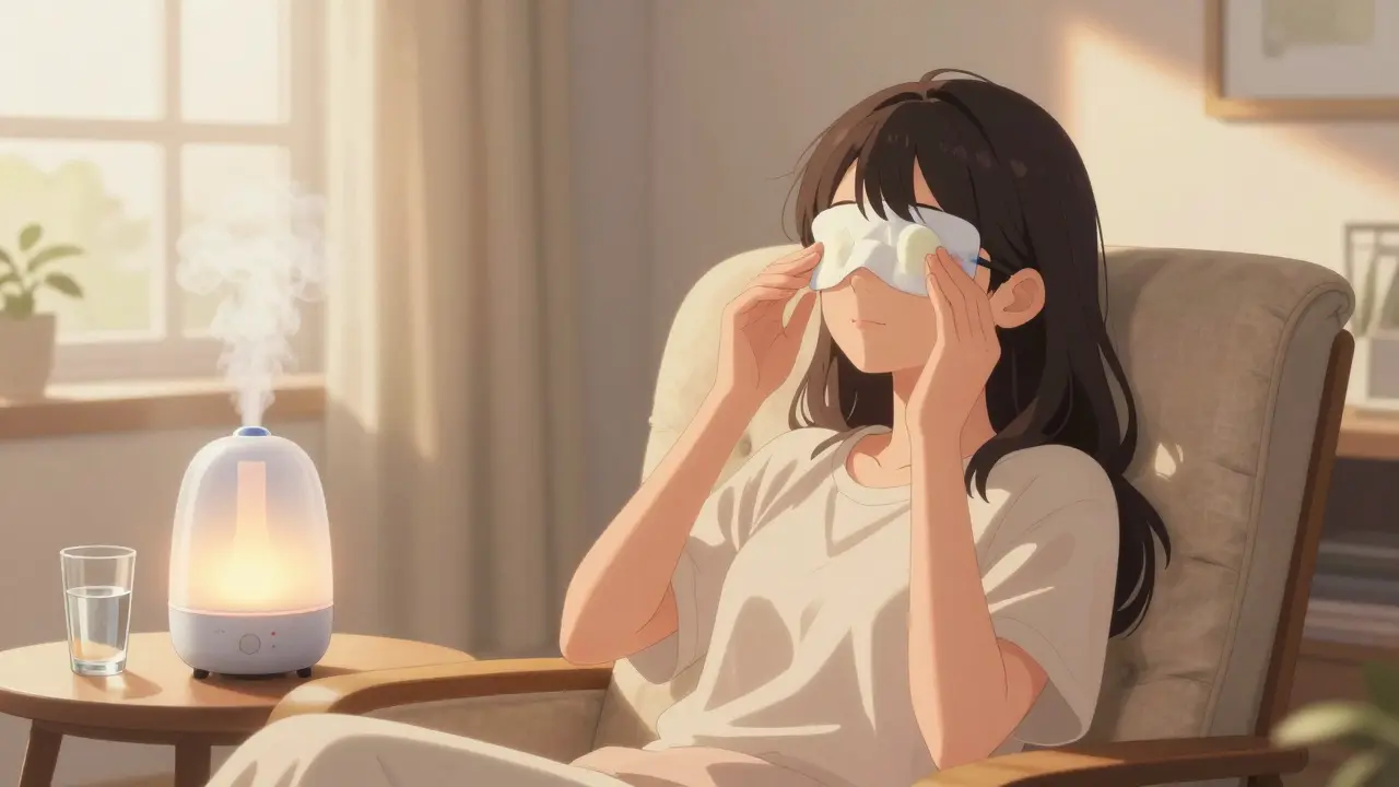 Femme appliquant une compresse chaude pour soulager ses yeux