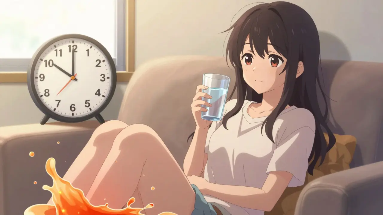 Fille anime soulagée avec effet secondaire d'urine colorée