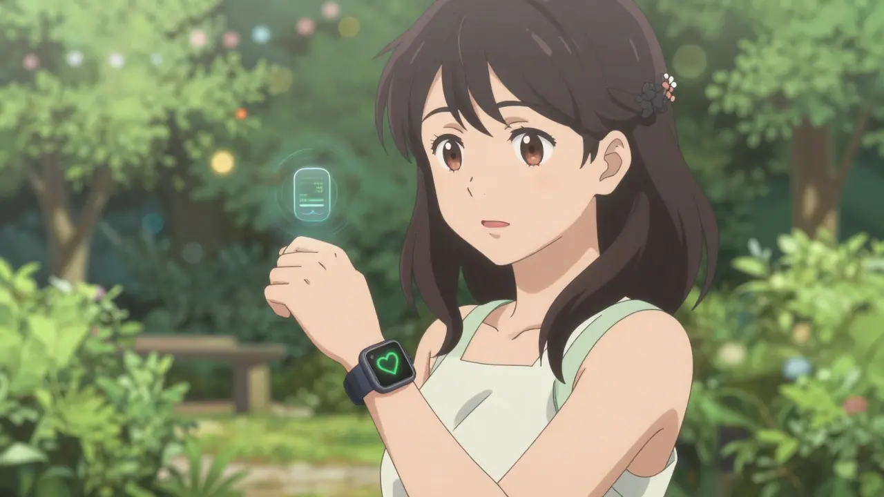 Fille bishoujo portant une montre connectée pour la surveillance de la glycémie dans un jardin